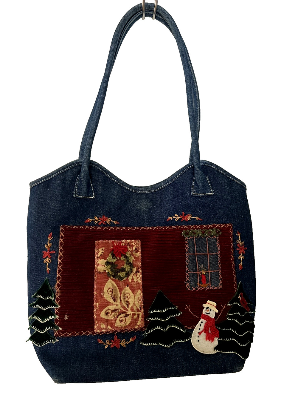 Cappelli Straworld Denim Christmas Decor Purse Handbag Snowman House Appliqué